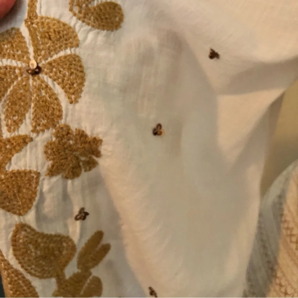 Anthropologie Cream and Brown Embroidered Blouse w/Embellishments Throughout